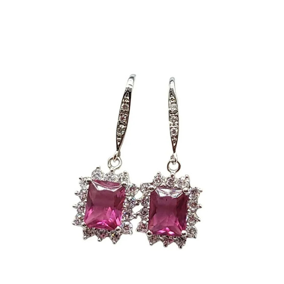 Pink Clear Glass Rhinestone Silver Plated Necklace Earring Set Chain is Sterling - Picture 4 of 6